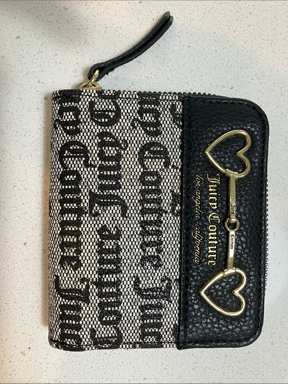 Juicy Couture Black & Cream Logo Zip Card Wallet with Gold Heart Key